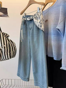 กางเกงยีนส์ทรงตรงเอวสูง ทรงหลวม ทรงหลวม ลายดอกไม้ ผ้าไหม ฤดูร้อน 2025 กางเกงขายาวทรงตรงทรงหลวมสำหรับผู้หญิง