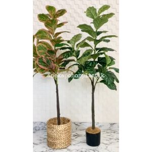 Pohon Plastik Daun Karet Merah Muda / Hijau Tua X3 T140 Latex Artificial Pot Dasar Cover Anyaman Eceng Gondok Hiasan Aesthetic