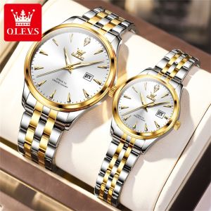 OLEVS Couple Watch Waterproof Original Pawnable Fashion Stainless Steel Elegant Luxury Diamond Dial Calendar Luminous Watch For Women/Men