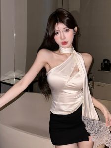 GUZILIAN | Summer Asymmetric Shoulder Bared Womens Vest Top Pure Desirable Hot Girl Design Necktie Outerwear Inner Match Korean Style Commute Clothes