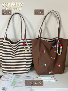 Double-Sided Canvas Shoulder Bag Womens Large Capacity Commuter Tote Casual Stripe Pattern Student Class Versatile Single Strap Bag