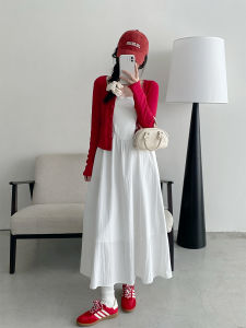 SunYeo Korean Style White Strapless Dress Womens Summer Slimming Elegant Vacation Long Skirt A-Line Midi Dress round Neck