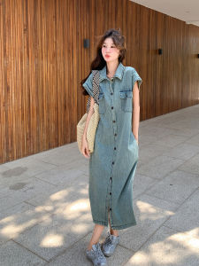 Denim Flounce Sleeve Loose plus Size Summer Dress Shirt Dress Tall Women High Waist Long Skirt Maxi Dress Sister MM Clothing