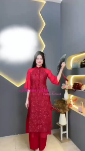 QC_ Set áo dài cách tân mặc Tết set Ren kim tuyến Tơ đính nút thắt nơ mix quần dài Tuyết Nhung