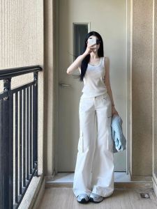 กางเกงขายาวทรงตรงเอวสูงทรงหลวมสไตล์ย้อนยุคสไตล์อเมริกันสำหรับผู้หญิงในช่วงฤดูร้อน กางเกงขายาวทรงตรงทรงหลวมหลายกระเป๋า