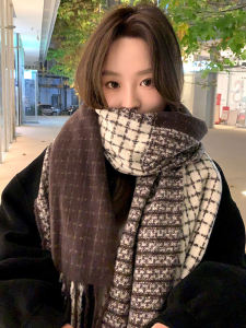 Maillard Style Coffee Color Plaid Double-Sided Scarf Womens Winter Thickened Cashmere Shawl Student Knitting Heattech Scarf