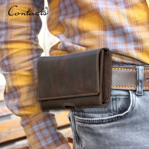CONTACTS Genuine Leather Waist Packs for Men Travel Belt Pouch Small Zipper Waist Bags Phone Pocket Male Card Holders