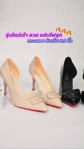 2025สไตล์ใหม่ หรูหราและเรียบง่าย หัวแหลมรองเท้าผู้หญิง หนังแก้วรองเท้าส้นเข็ม3.54นิ้ว มี 2 สี ไซส์ 36-40 รองเท้าผู้หญิงกําลังฮิต