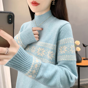 Red Thickened Winter Sweater Womens Loose Half-High Collar Long Sleeve Warm Knitwear Casual Comfortable Inner Shirt Top