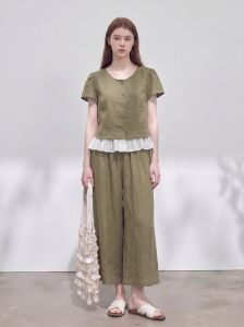 GULILI | Retro Green Round Neck Short Sleeve Top and Pants Set