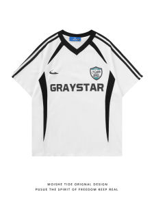 เสื้อยืดคอกลมแขนสั้นทรงหลวมสไตล์อเมริกันสำหรับผู้ชาย สไตล์มอเตอร์ไซค์ ลายทาง ทรงหลวม สวมใส่สบาย เสื้อยืดคอกลมแบบสวมหัว