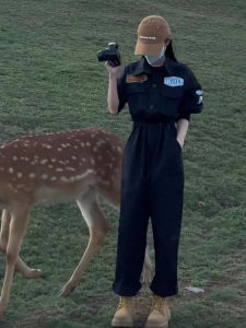 High Waist Drawstring Workwear Jumpsuit Womens Autumn Casual Collared Tagged Waist Cinched Wide Leg Pants Trendy Jumpsuit