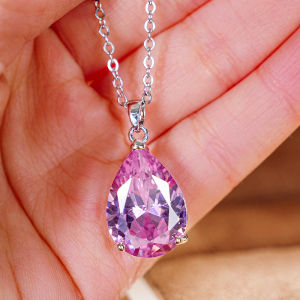 Huitan Versatile Women Pendant Necklace Inlaid Shiny Pink CZ Pear Shaped Accessories for Wedding Party Fashion Lady Jewelry Gift