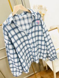 ●ECLAIRE● 043 Kemeja Oversize Cotton Linen Lengan Panjang Longsleeves motif kotak Square Kasual Basic Korea Mode Servie Import Premium