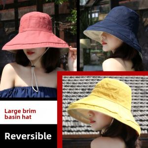 Double-Sided Hemp Fisherman Hat Womens Korean Fashion Versatile Sunscreen Large Brim Face Covering Japanese Style Bucket Hat