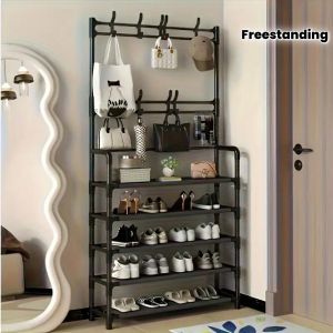 Plastic 5-Layer Multifunctional Shoe And Hat Rack Storage Organizer Shoe Rack And Coat Hooks Freestanding Storage Space