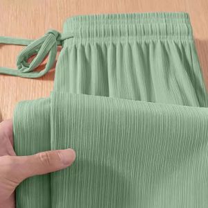 Ice Silk Wide Leg Pants Womens High Waist Draped Summer Thin Loose Slimming Student Korean Style plus Size Casual Cuffed Pants
