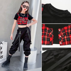 Bộ Trang Phục Biểu Diễn Hip Hop Đường Phố Thời Trang Cho Bé Gái Bộ Đồ Biểu Diễn Mùa Hè Cotton Kẻ Caro Phong Cách Đường Phố