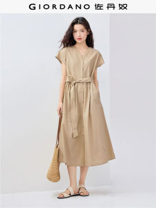 Gentlewomans Pure Cotton Shantung V-neck Tie Waist Short Sleeve Dress Elegant Style Spring Summer New Arrival 13465335