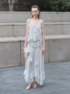 Cello Sonata | French Black and White Striped Multi-layer Ruffle Dress