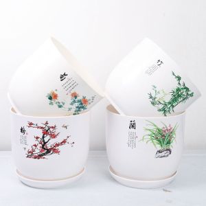 USECOAT Extra Large Plastic Flower Pot White With Tray Imitation Porcelain Succulent Planter Pot Breathable PP Resin Flower Pot Indoor Flowers