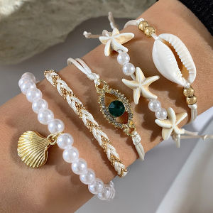 5Pcs Bohemian Shell Starfish Bead Bracelet Set for Women Imitation Pearl Zircon Evil Eye Stacked Bangles Beach Party Jewelry