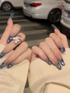 Summer INS Glowing Gemstone Blue Aurora Diamond Long Wearing False Nails Luxury Sensation White Enhancing Sweet Girl Style Nail Art