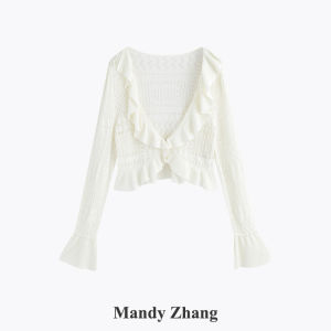 Elegant Designer Beaded Ruffled Hollow-out Knit Cardigan