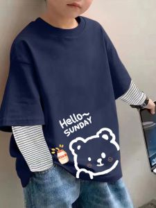 Boys Spring Autumn Long Sleeve Pure Cotton Base Layer Faux Two-Piece Color Block Childrens Casual Top for Ages 10-16