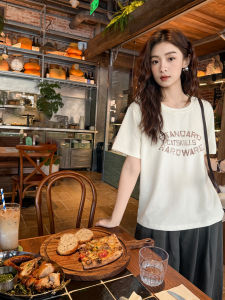 Áo Thun Cotton Tay Ngắn Mùa Hè Thường Ngày Cho Nữ Áo Thun Cotton Dáng Rộng Cổ Tròn in Chữ Phong Cách Hàn Quốc Mùa Thu