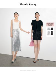 Shiny Silver Sequins Skirt Female Spring Summer High Waist Hip Hugging Short