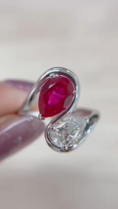 TDG 10K White Gold Lab-Grown Diamond & Ruby Pear Cut Open Band Ring