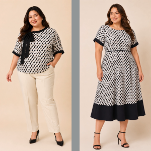 Allure Plus Clothing DORSEY Top Geometric Print Blouse with Black Neck Tie
