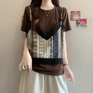 Vintage Print Loose T-Shirt for Large Sizes  Fashionable Faux Two-Piece