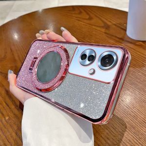 Oppo Reno11A Gradient Sparkle Powder Silicone Protective Case Female Version with Makeup Mirror Creative Desktop Stand Anti-Fall