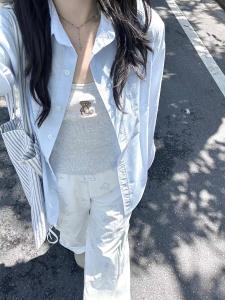 Loose Blue Long Sleeve Shirt Womens French Pure Color Single Button Spring Outerwear Korean Style Casual Open Cardigan