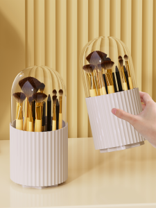 เคสเก็บแปรงแต่งหน้าแบบหมุนได้พร้อมชั้นวางของสำหรับโต๊ะแต่งหน้า เปลือกป้องกันฝุ่น ช่องแยกส่วนสำหรับแปรงตา ดินสอเขียนคิ้ว