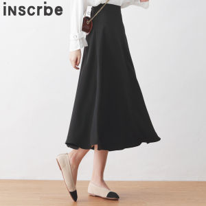 Chic A-Line Midi Skirt for Women in Black Polyester Fiber High Waist Korean Style Pure Color Spring Summer Autumn Fashionable Skirts