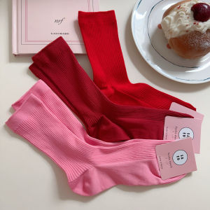 Quick Dry Cotton Mid-Calf Socks Womens Solid Color Pink Striped Elastic Simple Style Combed Cotton All Season Comfortable Socks