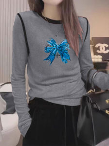 เสื้อยืดคอกลมแขนยาวผ้าขนแกะ แฟชั่นฤดูหนาว สำหรับผู้หญิง เสื้อชั้นในลายพิมพ์ ทรงสลิมฟิต คุณภาพเยี่ยม ระบายอากาศได้ดี