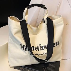Casual Letter Tote Bag Womens Large Capacity Handbag Shoulder Bag Canvas Material Fashionable Trendy Style Youth Suitable