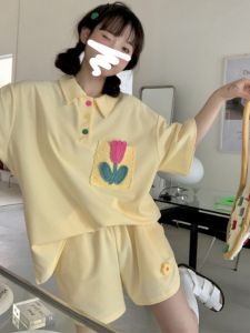 Preppy Style Soft Girl Casual Sportswear Suit Womens Summer Small Loose Polo Shirt Short Sleeve Shorts Two-piece Set