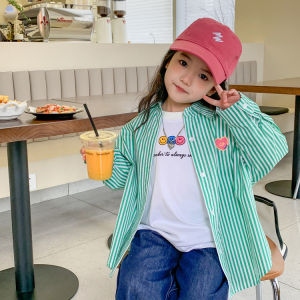 [PRINCESS KESLI] 2-11 Tahun Tshirt Kemeja Anak Perempuan 2024  Gaya Baru Kardigan Bergaris Kartun Atasan Kasual Gaya Korea Kemeja