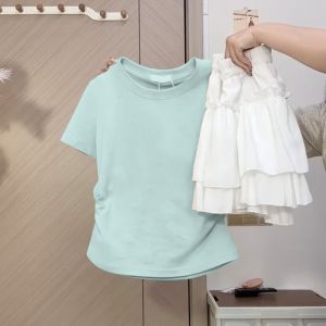 Pure Cotton Mint Green Short Sleeve Womens T-shirt Slim Fit Waist-Cut Summer New Style Fashionable Commute Korean Version