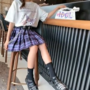 JK เด็กหญิง ชุดเครื่องแบบ กระโปรงสไตล์พรีปปี้ กระโปรงจีบแฟชั่นสองชิ้น+เข็มขัด