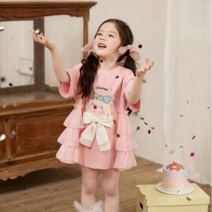 Sweet and Lovely Baby Girl Casual Dresses Summer Short Sleeved Bow Cartoon Printed Kids Clothes Birthday Party Princess Dress