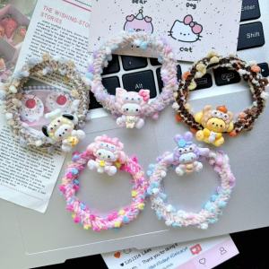 5 Pccs Sanrios Cute Color Plush Hair Accessorie HelloKitty Melody Kuromi High Elasticity Hair Rope Gift for Girls