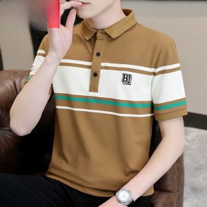 HENGYUANXIANG | Breathable Casual Short Sleeve Polo Shirt Mens Turn-down Collar Striped Top Fashionable Summer T-shirt Standard Fit Cotton Polyester Blend