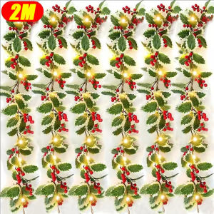 2M Artificial Holly Leaf Vine with Red Berries / Artificial Berry Christmas Garland / DIY Ivy Red Berry Rattan / for Party Xmas Home Decor
