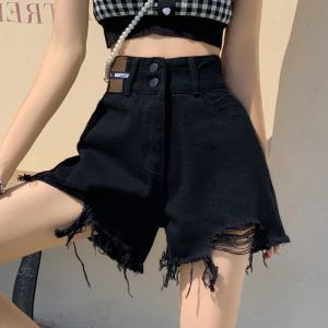 Quần Short Denim Cạp Cao Màu Đen Rách Rưới Thời Trang Mùa Hè Cho Nữ Quần Jeans Ống Rộng Quần Jeans Cỡ Lớn